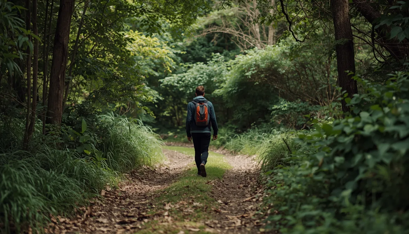 Person enjoying a peaceful walk in nature surrounded by greenery